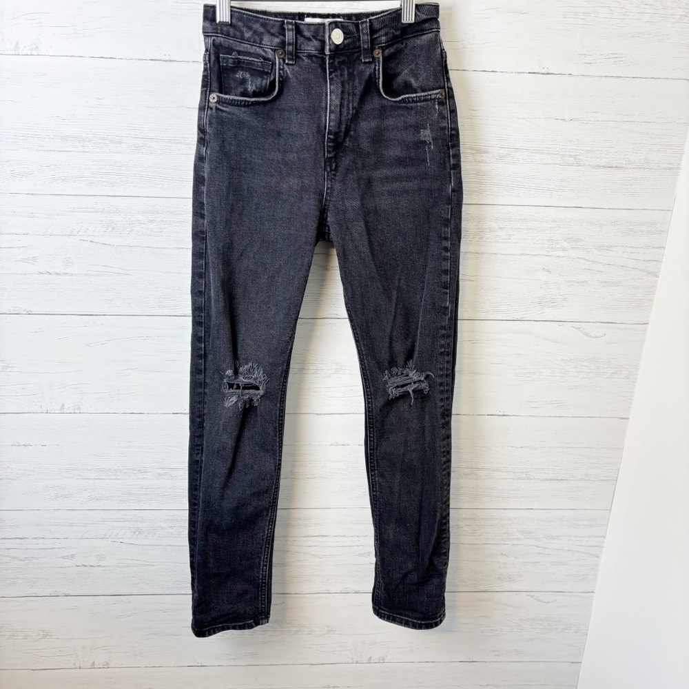 Zara High Rise Mom Jeans Faded Black Ripped Knees - Distressed Low Stretch Denim